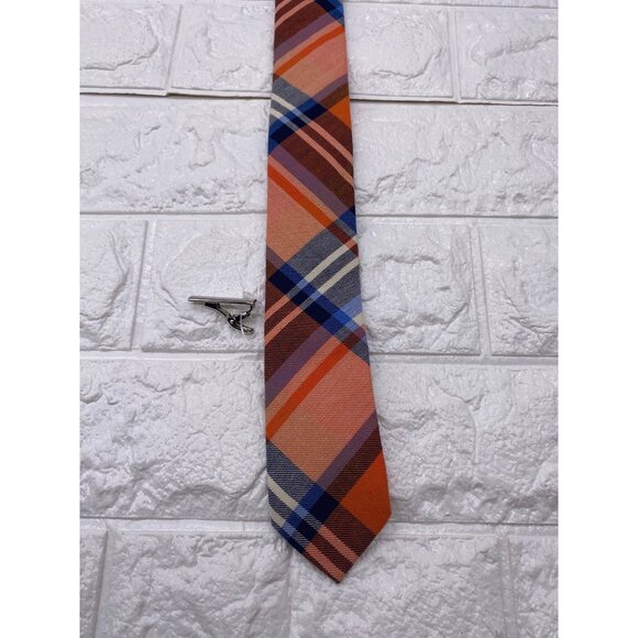 Skinny Tie Madness Mens Plaid Necktie Officer Orange Slim Fit Cotton Tie SKM2128 - Picture 12 of 12
